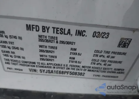 2023 Tesla Model S Plaid Tri Motor All-Wheel Drive from USA, damaged, VIN 5YJSA1E68PF508382